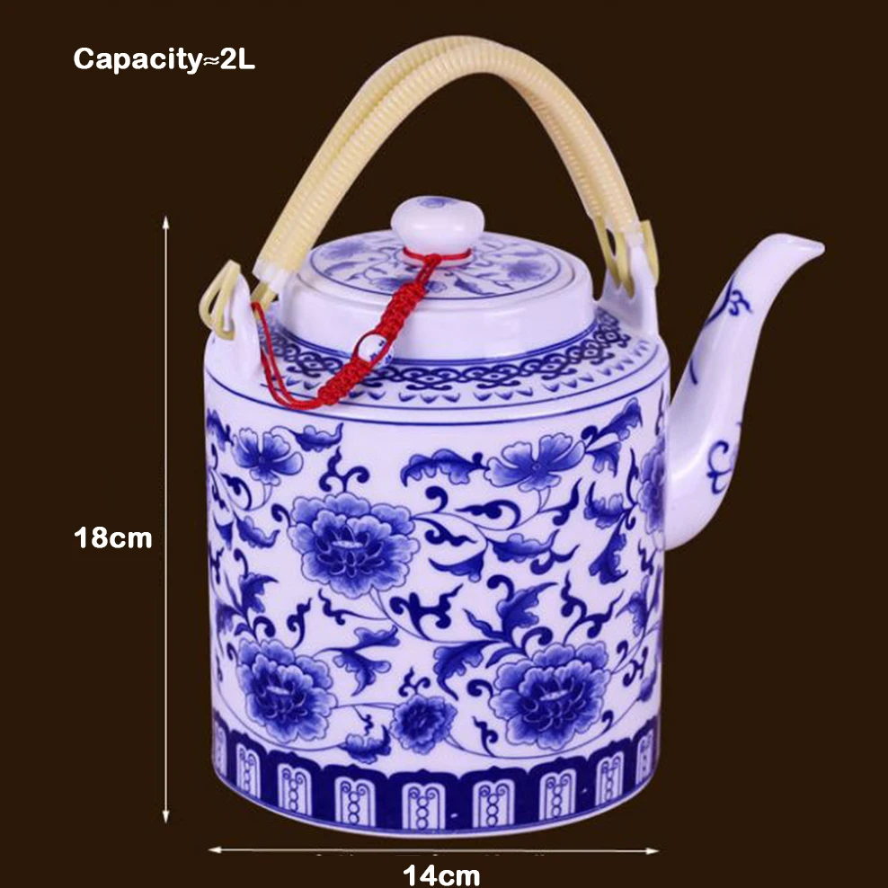 2L, Chinese style ceramic teapot, Large capacity cold kettle, Blue and white porcelain kettle for tea brewing in mug, tea set