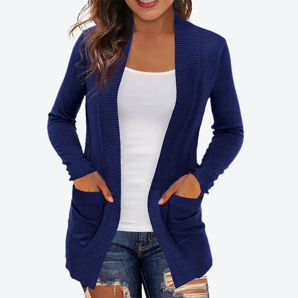 Women Coat Solid Color Simple Knitted Great Stitching Autumn Sweater Cardigan for Daily Wear