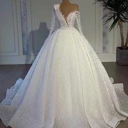 A Line Beaded Wedding Dresses Sheer Neck Lace Long Sleeve Bridal Gowns Arabic Dubai Sequined Plus Size Customized