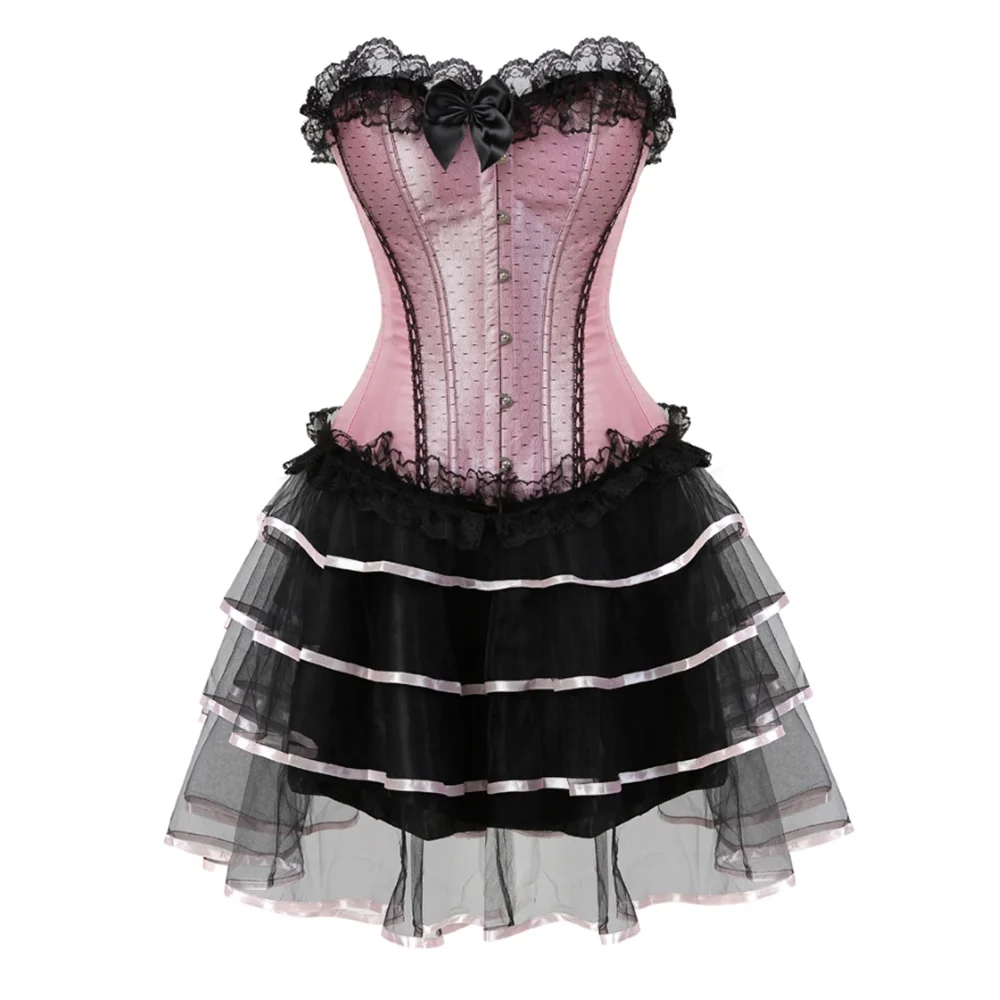 

Pink Satin Lace Trim Overbust Corset Dress Sexy Bustiers Top And Tutu Skirt Set Plus Size S-6XL