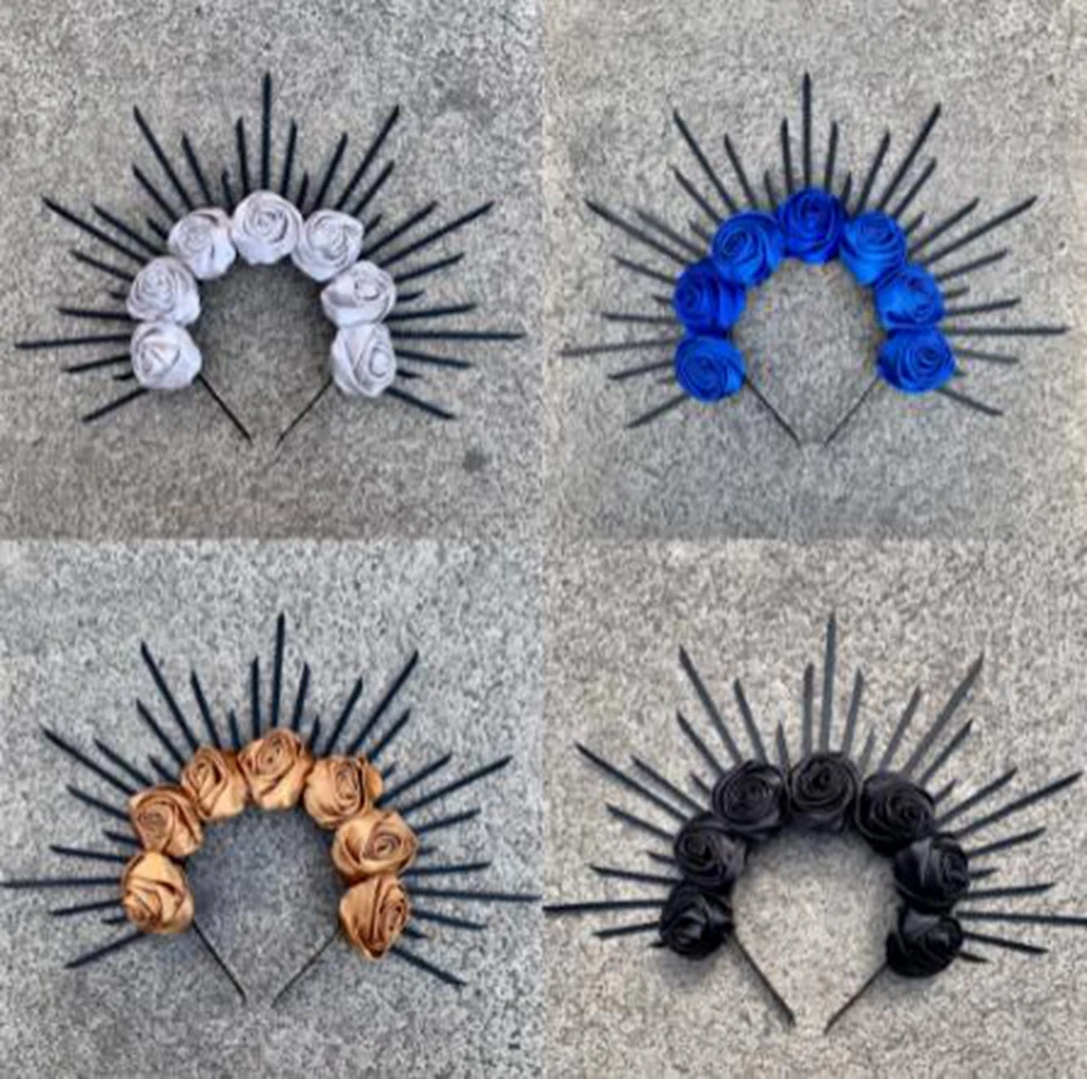 Goddess Rose Crown Spiked Halo Headband Festival Headpiece Met Gala Sunburst Hairband Cosplay Party