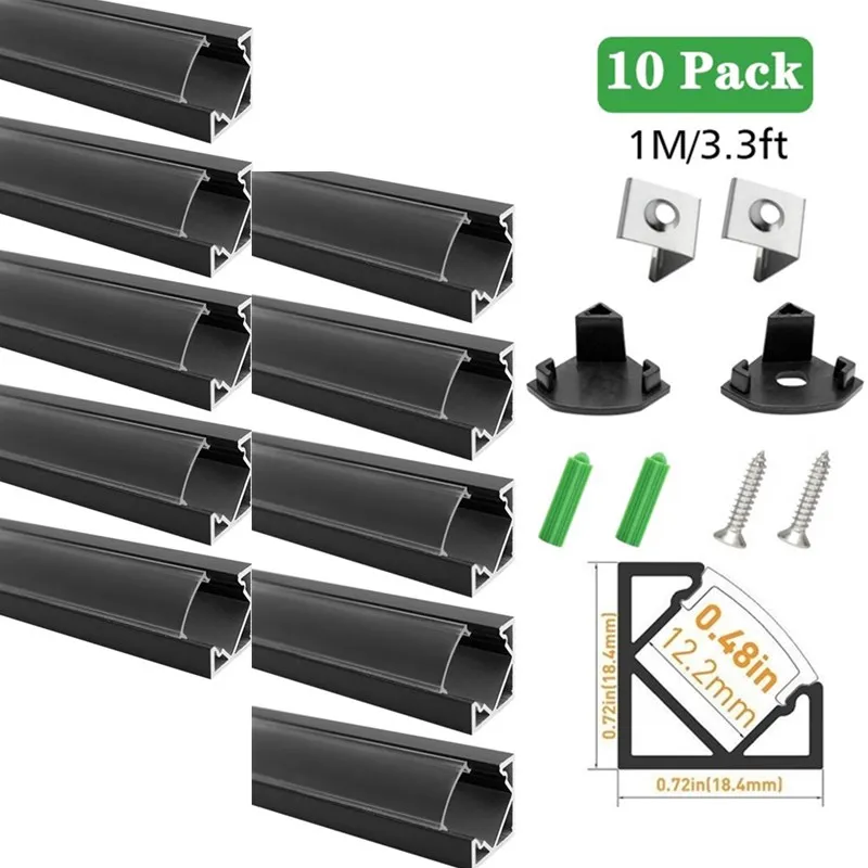 10Pack 1M(3.3ft) V03 Black V-Shape LED Aluminum Channel V03 Black Corner Profile w/ Clear Cover for LED Strip Light Installation