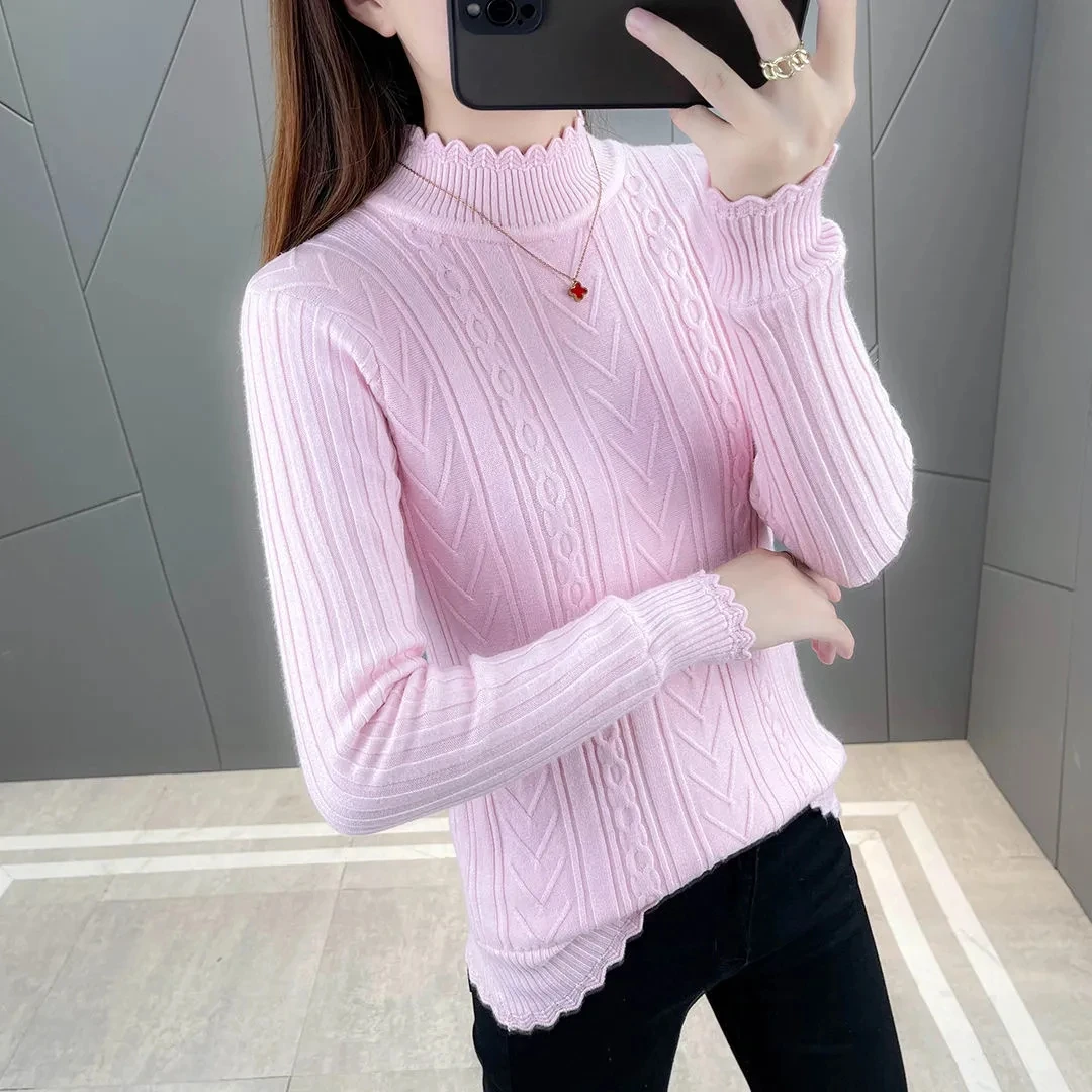 Autumn Women Sweater Pullover New Long Sleeve Knitwear Winter Fleece Warm Half Turtleneck Knit Sweater Jumper Base Shirt Female