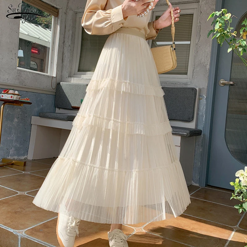 

Spring Casual Cake Skirt Women French Sequin Lining Mesh Splicing Skirt Autumn A-line Pleated Medium Long High Waist Skirt 18388