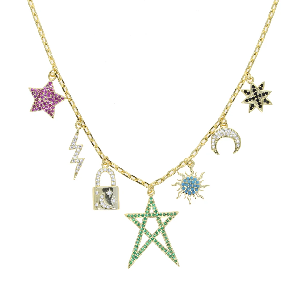 Lady Lightning Lock Charm Necklaces Paved Full Shiny CZ with Tiny Star Moon Pendant for Cute Girl Fine Jewelry