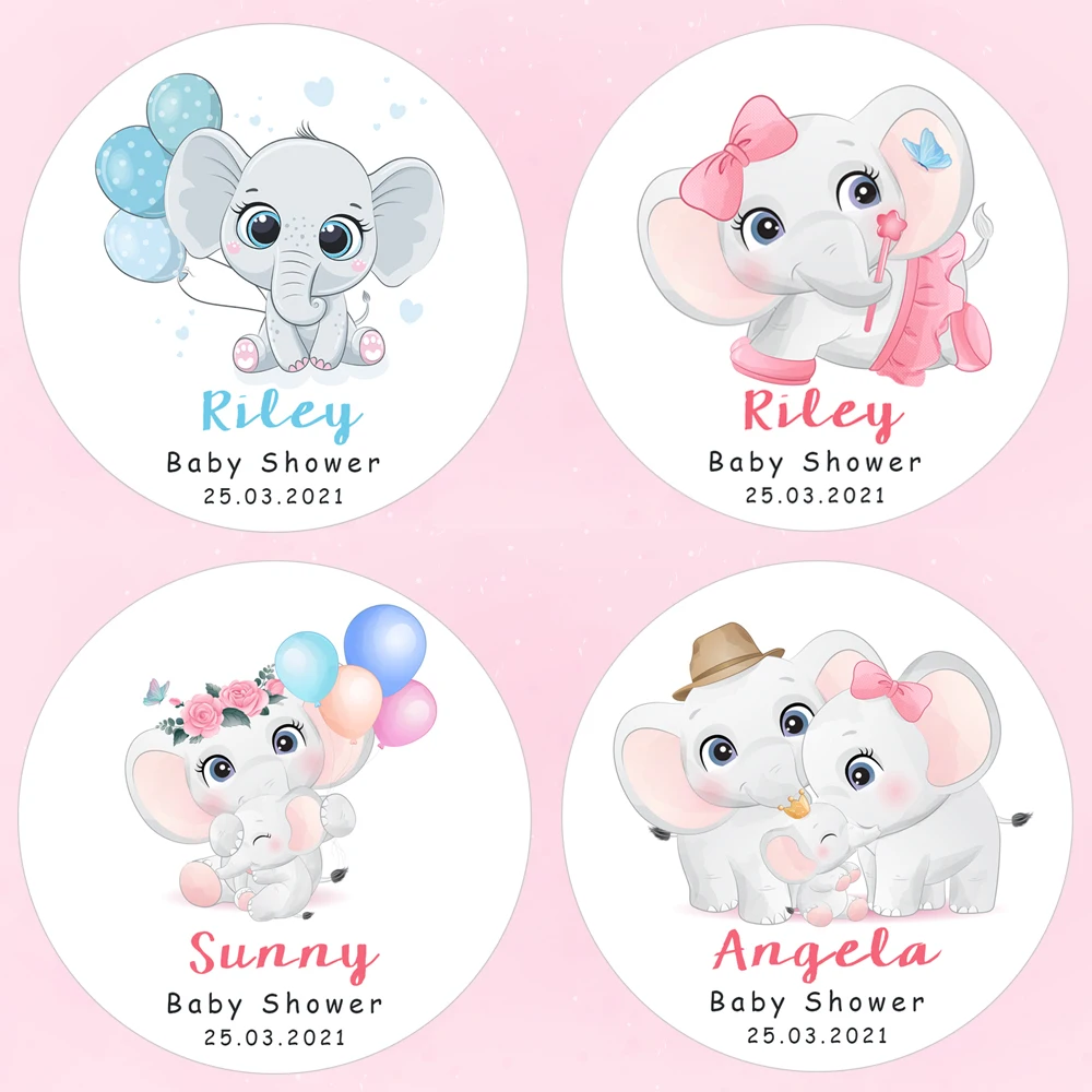 96-140Pcs Niestandardowe naklejki Baby Shower Naklejki Śliczny słoń Ciasteczka Pudełko na ciasto Etykiety Dzieci Wesołych Urodzin Party Naklejki