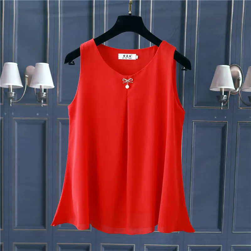 Obesity Women Chiffon Shirt 2025 New Summer Sleeveless O-neck Blouse Casual Solid White/Red Loose Oversized Female Tops