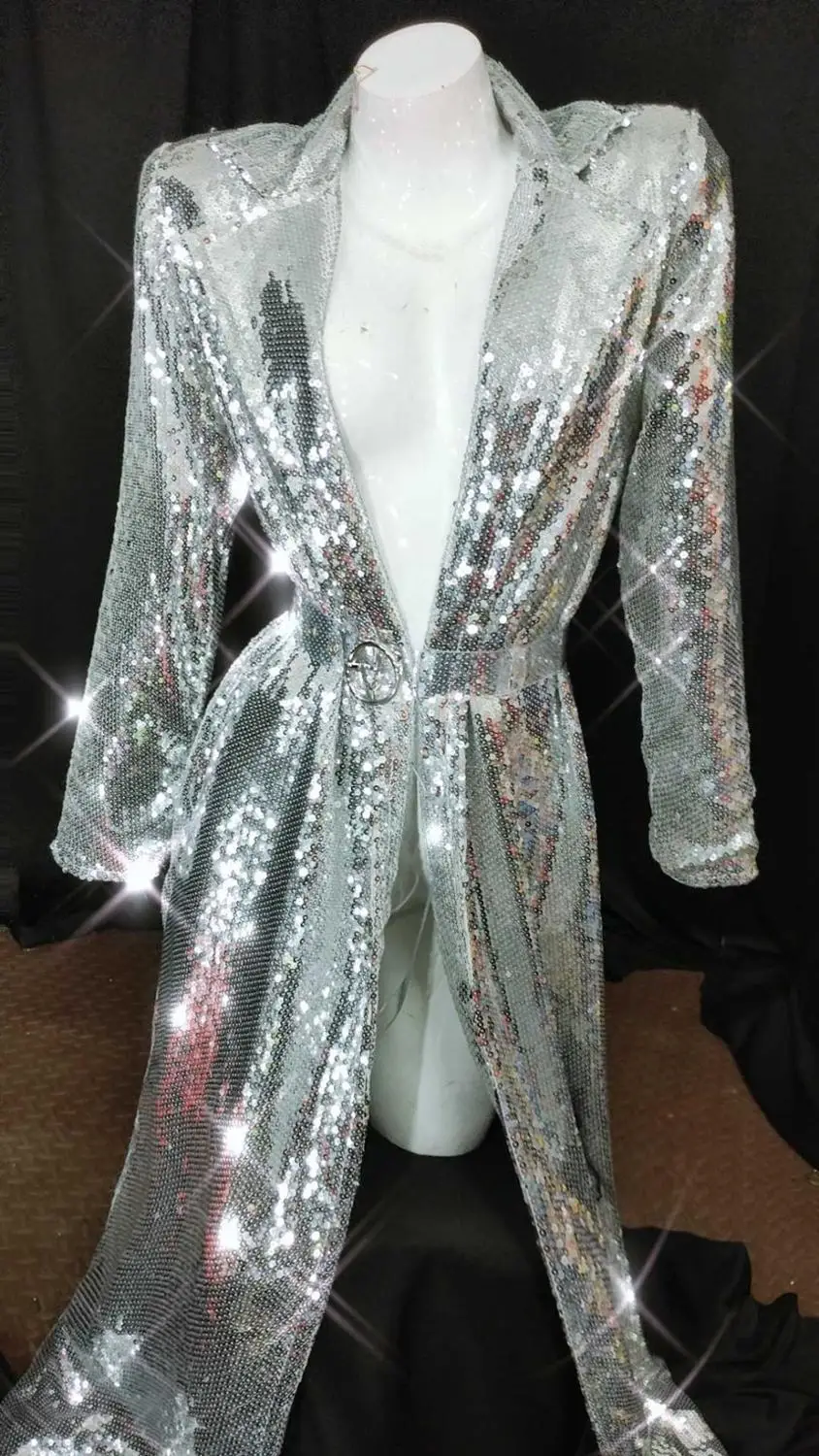 

Female Singer Nightclub Concert Stage Performance Silver Cloak Dance Costume Fashion Buttonless Women Shiny Sequins Long Coat