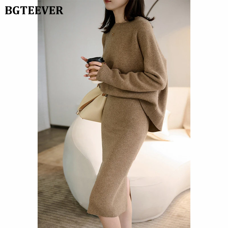 BGTEEVER Elegant Ladies Knitted Skirt Set Long Sleeve Sweaters Tops & Elastic Waist Split Skirts 2021 Winter Women 2 Pieces Set