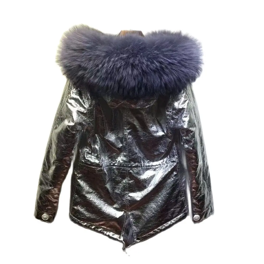 Sliver Leather Fur Parka Fox Fur Lining Jacket For Mens Wear In Winter,Grey Fur Hoodies With Real Fur Down Short Jacket