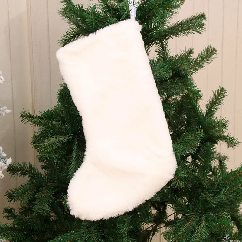 Christmas White Plush Stockings Ornaments Candy Socks Gift Bags Xmas Tree Fireplace Decoration