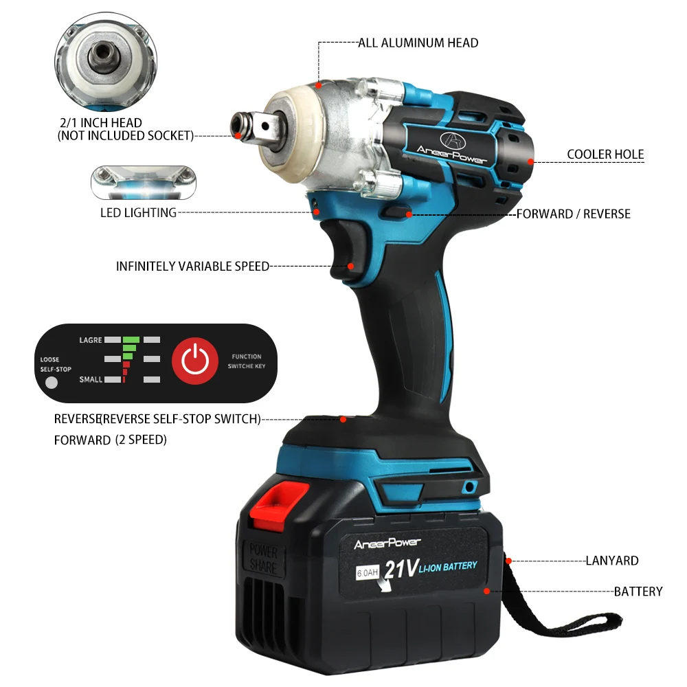 21V Rechargeable Impact Wrench Brushless 1/2 inch Cordless Electric Screwdriver Drill 3 in 1 Power Tools 6000Mah Lithium Battery