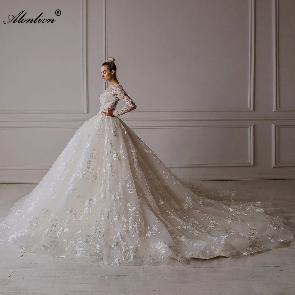 

Alonlivn Luxury Beaded Pearls Ball Gown Wedding Dress Elegant O-Neck Flower Appliques Full Sleeves Bridal Gowns Robe De Mariee