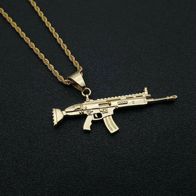 Punk Style Hiphop Gun Weapon scar Rifle Gun Pendant Chain Necklace Men Party Wearriing Golden Color Necklaces