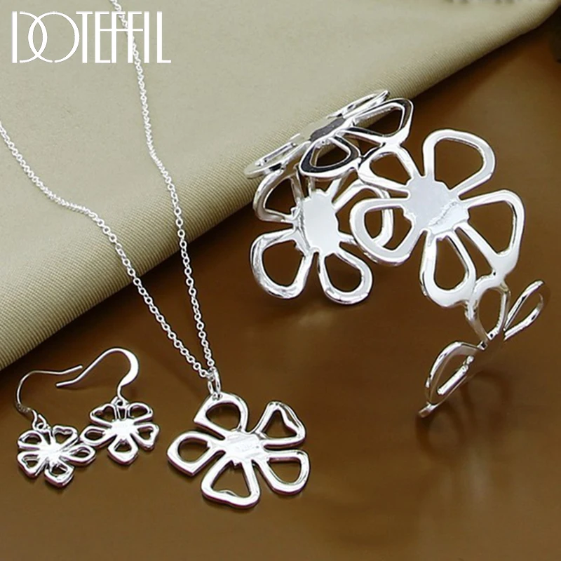 DOTEFFIL 925 Sterling Silver 18-calowy łańcuszek Naszyjnik kwiatowy Zestaw kolczyków dla kobiety Ślub Zaręczyny Moda Biżuteria z urokiem