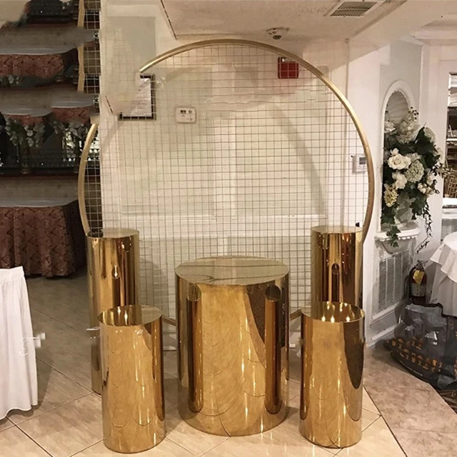 

5pcs) Mirror gold mental round pillars columns plinths pedestal cylinders walkway stand for wedding party decorations yudao507