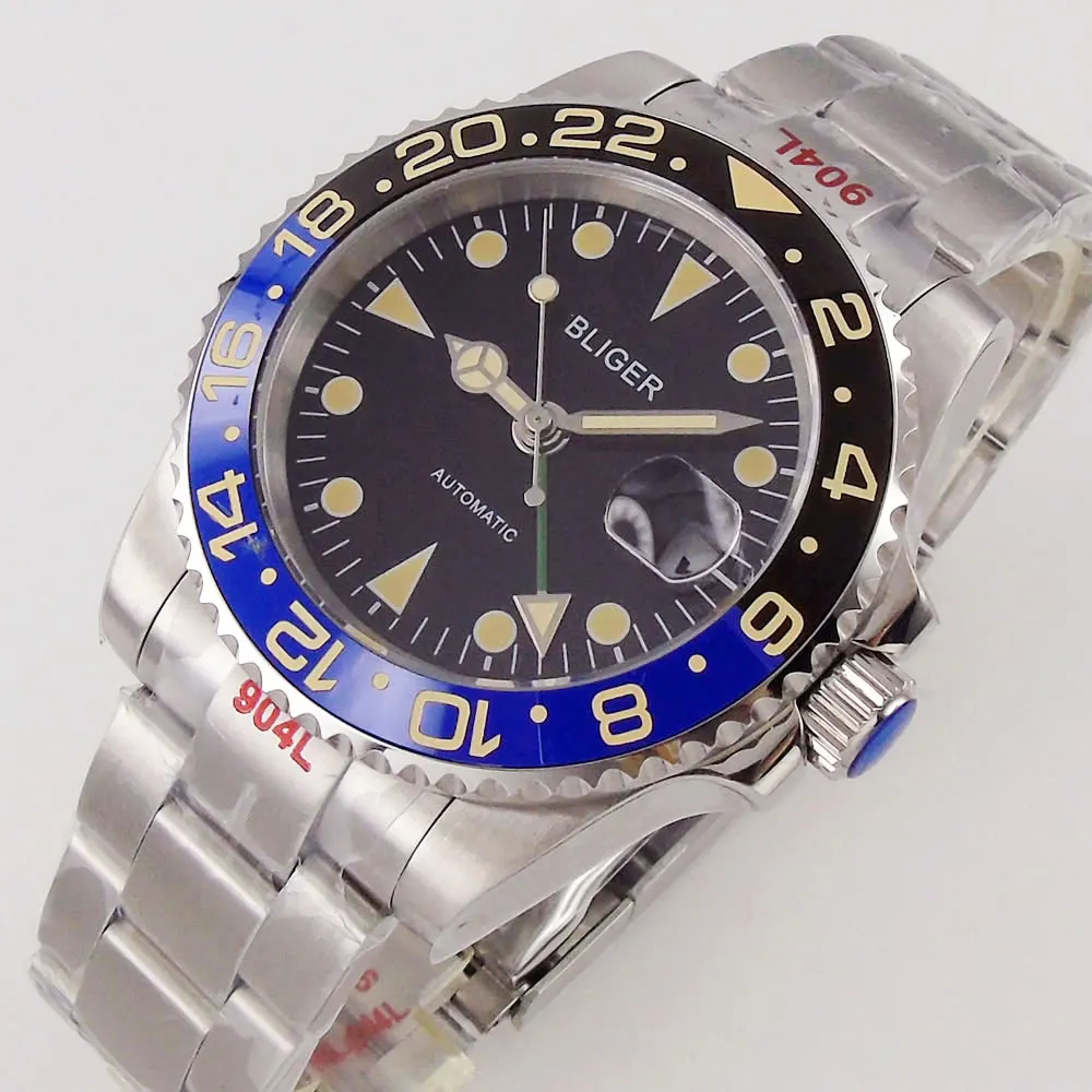 

40mm Automatic Men's Watch Green GMT Black Dial Blue Black Ceramic Bezel Insert Sapphire Glass Date 904L 316L Bracelet 3804