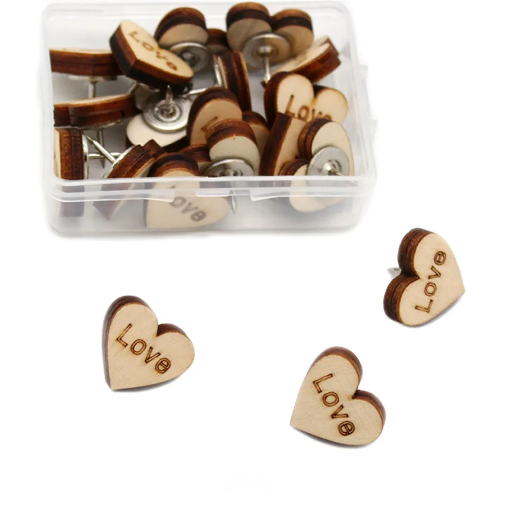 20pcs Push Pins Wood Heart Sunflower Leaves Shape Thumbtack Board Pins Drawing Paper Photo Wall Studs Sationery Office Supplies