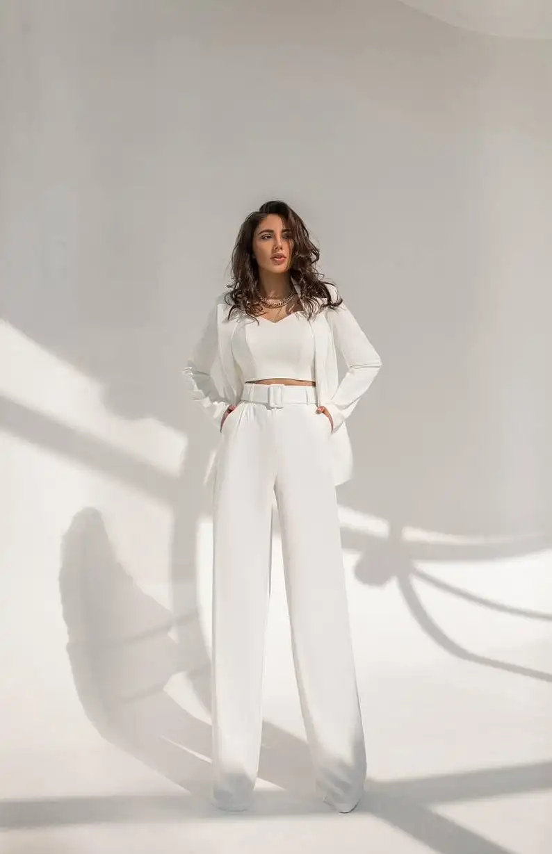 Traje de pantalones de Madre de la novia para mujer, esmoquin de fiesta de noche Formal, ropa de trabajo Formal para boda, blanco, 2 piezas