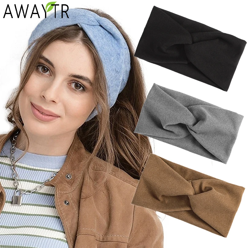 AWAYTR Korea Winter Wide Knitting Cross Headband Women Fashion Solid Color Elastic Yoga Turban Bandage Bandans hair Accessories