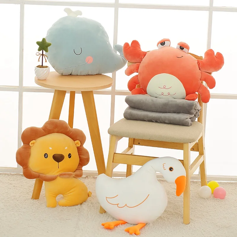 Soft Pillow Blanket Crab&Whale Plush Pillow With Blanket Soft Cartoon Animal Lion&Swan Stuffed Doll Birthday Gifts For Children