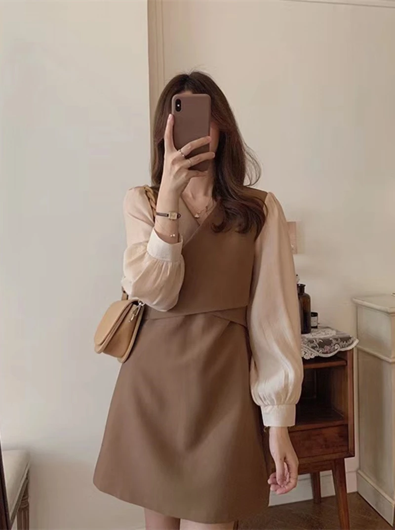 LMQ NEW 2020 Korean VNeck Women Slim High Waist Color Matching Chiffon Long Sleeve Party Elegant Fashion Short Dress Office Lady