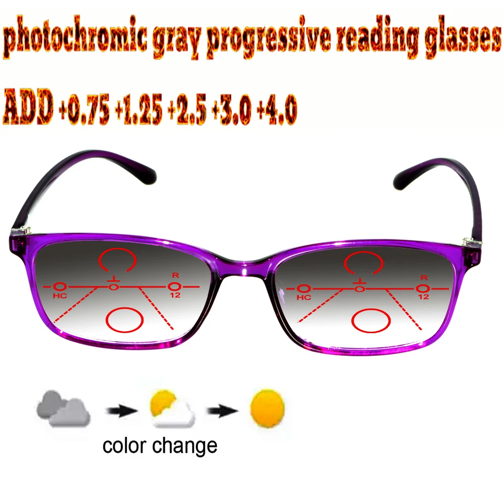 

Photochromic Gray Progressive Multifocal Reading Glasses Women ladies Ultralight violet Frame+1 +1.5 +1.75 +2.0 +2.5 +3 +3.5 +4