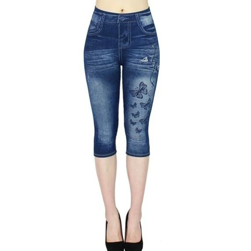 New Faux Jeans Leggings Women Stretch Printed Short Leggins Plus Size Calf-Length Pants Summer Breeches High Waist Jeggings