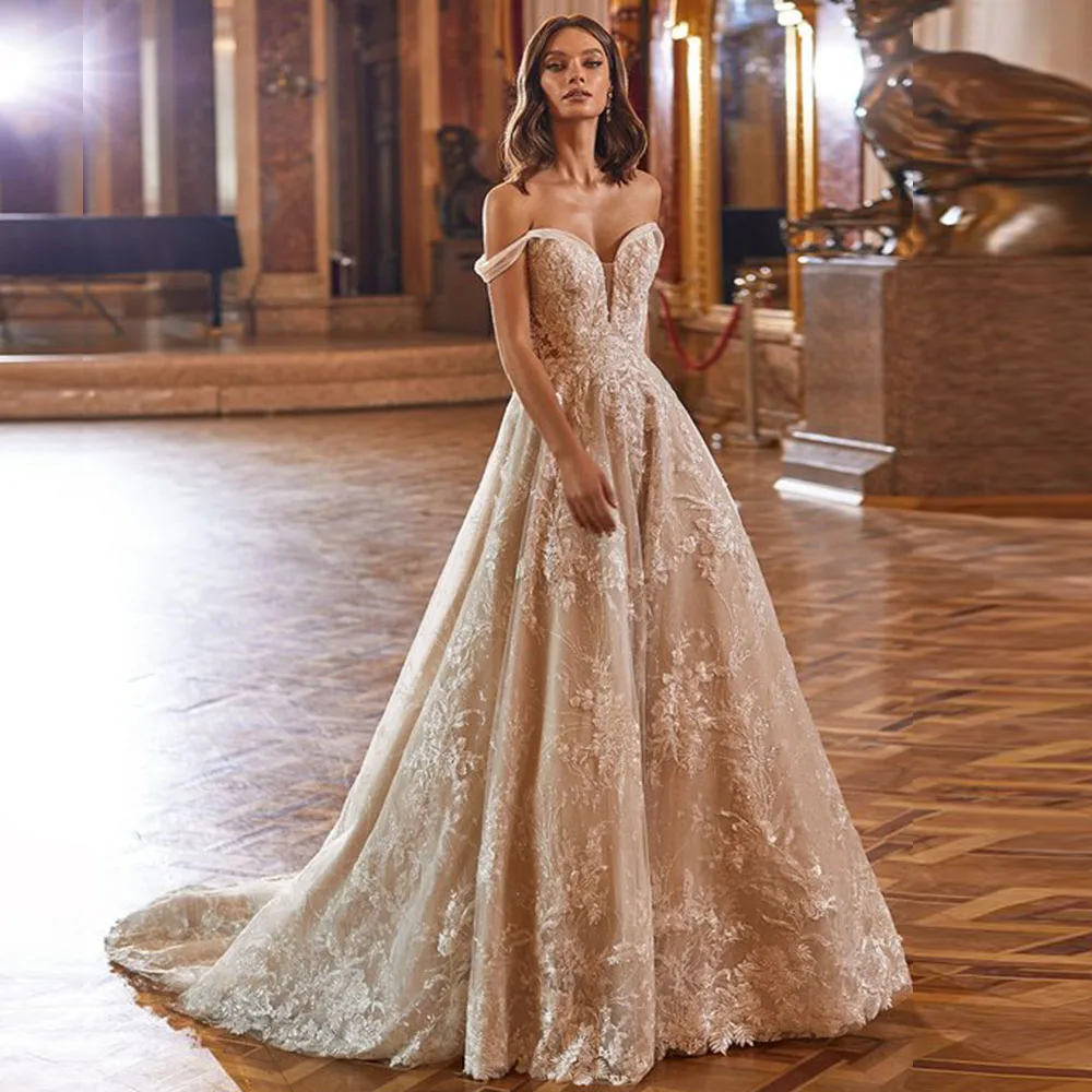 Áo Dây De Mariage Chữ A Áo Cưới Lấp Lánh Trouwjurk Lệch Vai Sang Trọng Hochzeitskleid Gợi Cảm Brautkleid Áo Dài Cô Dâu