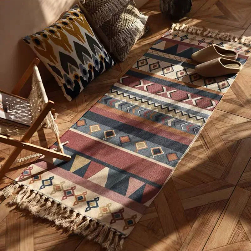 Vintage Plaid Carpet Cotton Home Weave Carpets Bohemian Rug Floor Carpet For Living Room Bedroom Home Decoration Foot Pad Beach