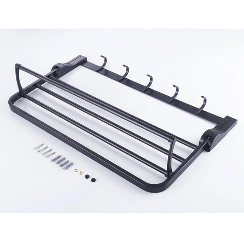 TAICUTE Towel Rack Shelf with Hooks Movable Bar SUS 304 Stainless Steel Holder Wall Mount Bathroom Accessories Black