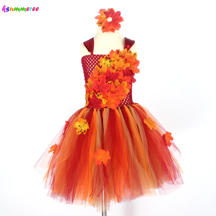 Autumn Fairy Girls Tutu Dress Maple Leaves Kids Tulle Dress with Headband Children Flower Dresses for Halloween Christmas