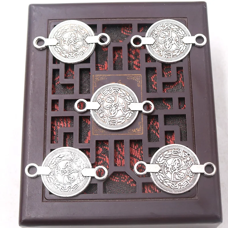 12pcs/ Lot Silver Plated Ancient Coin Double Hole Connector Pendants Bracelet Accessories DIY Charms For Jewelry Crafts Making