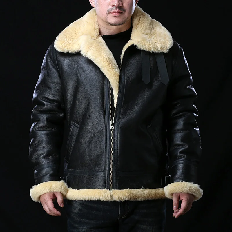 Avfly European Size High Quality Super Warm Genuine Sheep Leather Coat Mens Big B3 Shearling Bomber Military Fur Jacket