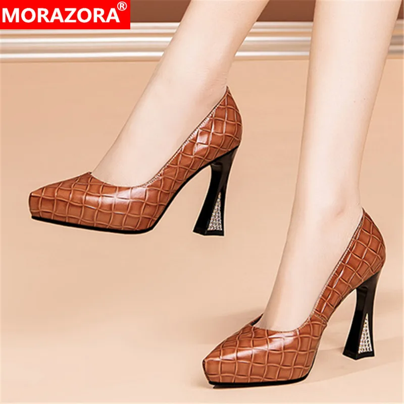 

MORAZORA 2022 New Genuine Leather High Heels Shoes Summer Shallow Elegant Party Wedding Shoes Women Pumps Black Brown