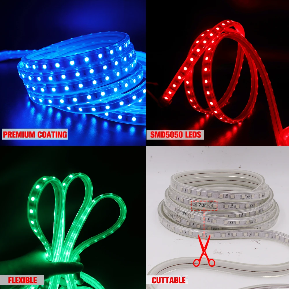 220V 5050 RGB LED Strip High brightness Flexible Led Light Tape Waterproof IP67 Led Stripe Outdoor Home Decor Light with Remote