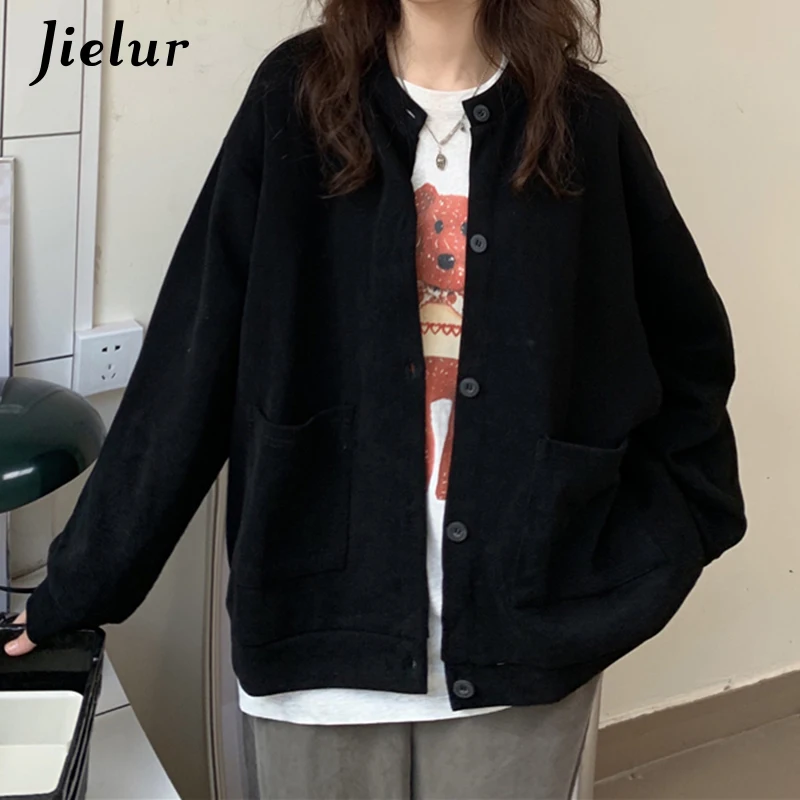 Jielur Single Breasted Loose Solid Color Knitted Cardigan Jacket Women Green Long Sleeve Pockets Sweater Gray Chic Coat Female