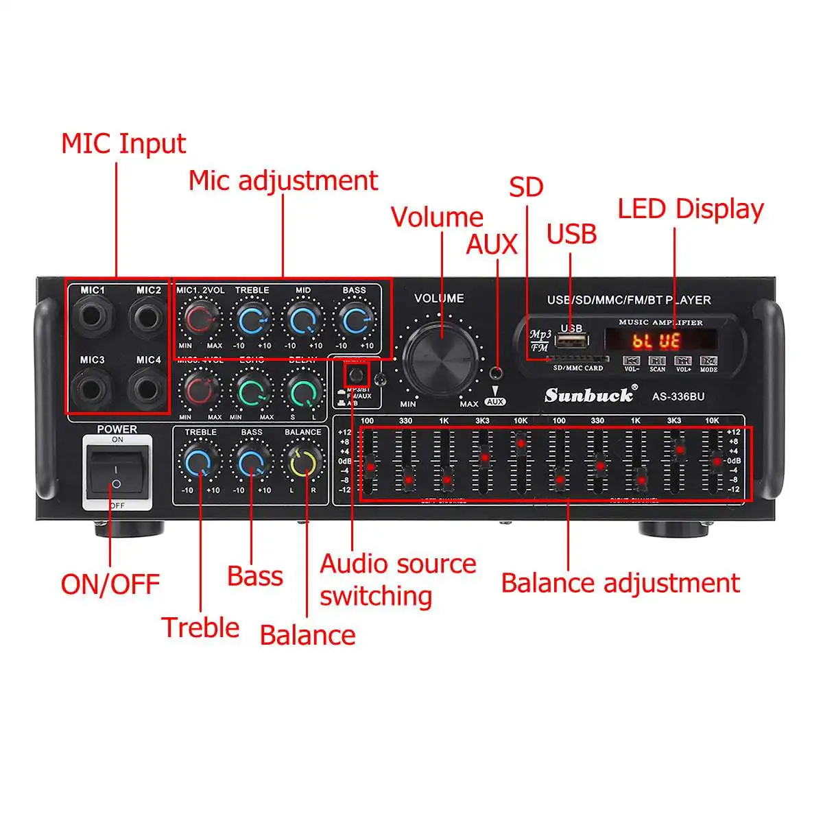 새로운 SUNBUCK 2000W 블루투스 스테레오 앰프 서라운드 사운드 USB SD AMP FM DVD AUX LCD 디스플레이 홈 시네마 가라오케 원격 제어