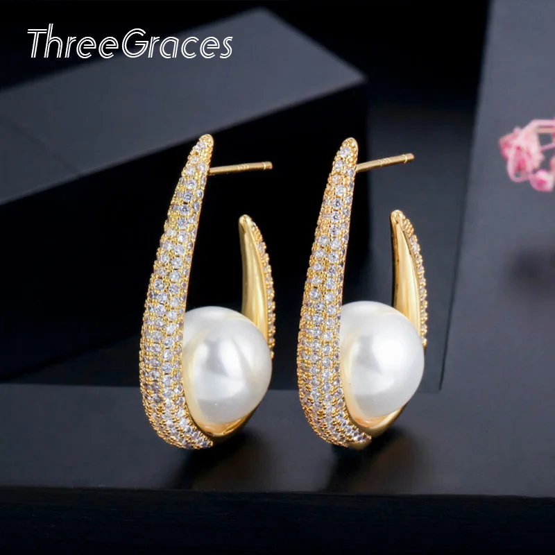 

ThreeGraces Luxury Brand Shiny White Cubic Zirconia Setting Big Simulated Pearl Hoop Earrings for Women Chic Party Jewelry ER322