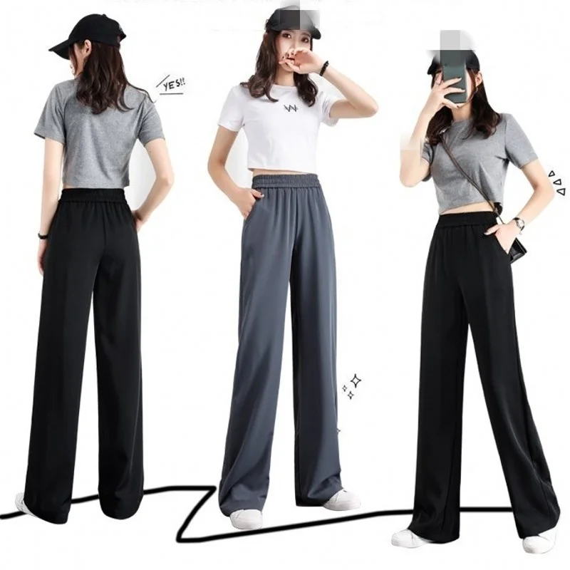 

Style Korean Chiffon Wide Leg Pants Office Lady Elastic Waist Loose Solid Black Ankle-Length Pants Women Thin Summer Casual