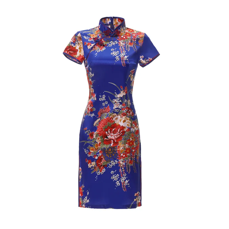 Sexy magro vestido de verão senhoras curto cheongsam tradicional estilo chinês vestido rayon impressão floral palco mostrar qipao