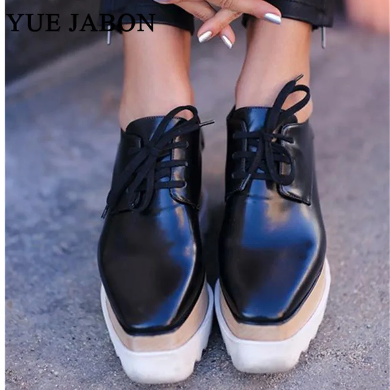 Black White golden silver five Stars Shoes Women high quality Square Toe lace-up thick Bottom Platform Wedge heel Causal Shoes