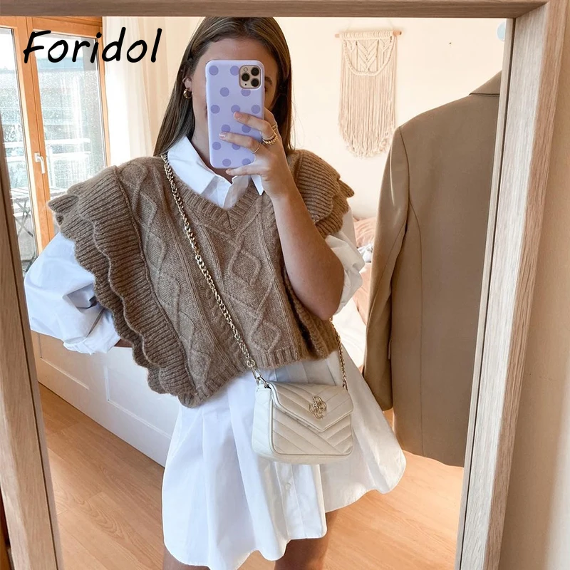 Foridol Knitted Sweater Vest Women Ruffle Vintage Sleeveless V Neck Brown Waistcoat Thick Autumn Winter Twist Vest Pullover 2021