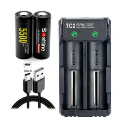 Soshine 2PCS 26650 5500mAh 3.7V Li-ion Rechargeable Battery Protected With USB 2-slot Smart Type-C Fast Charger