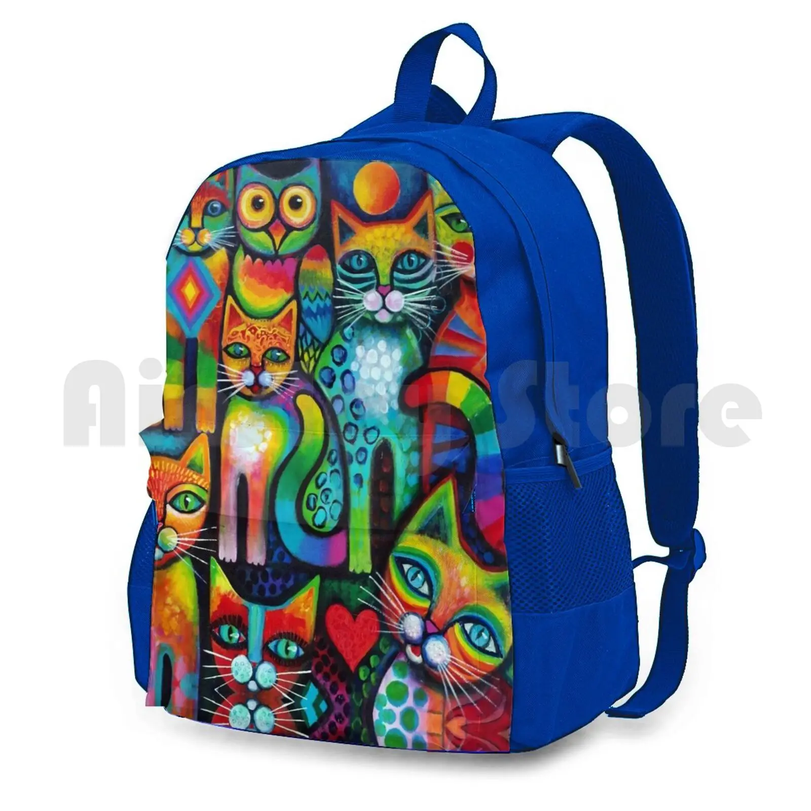 Owl And Pussicats Outdoor Hiking Backpack Waterproof Camping Travel Cats Acrylics Whimsical Animals Fantasy Colourful Felines