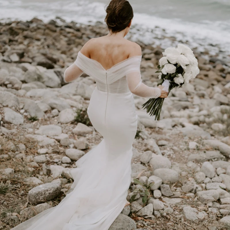 Vestido de novia plisado de sirena, largo, transparente, de tul, sin hombros, con cremallera, corte bajo, sencillo, para playa, Micro vestido de boda, 2021