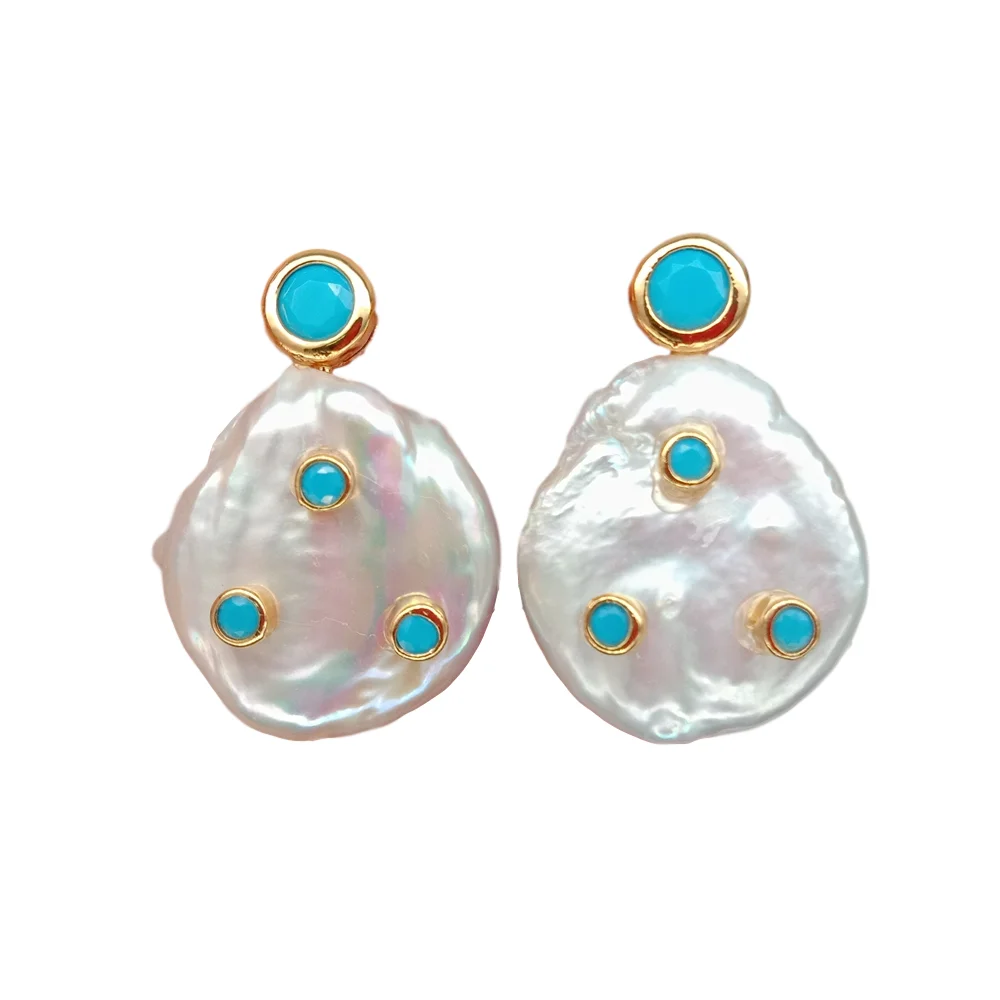 Freshwater Cultured White Coin Pearl Muti Color Cz pave Stud Earrings for Woman