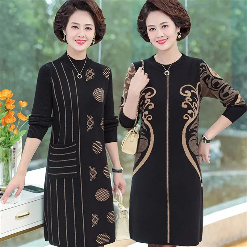 

Mother Wear Mid-long Knit Sweater Autumn And Winter Korean Half High Neck Pullover Shirt Women New Sweater Long Dress