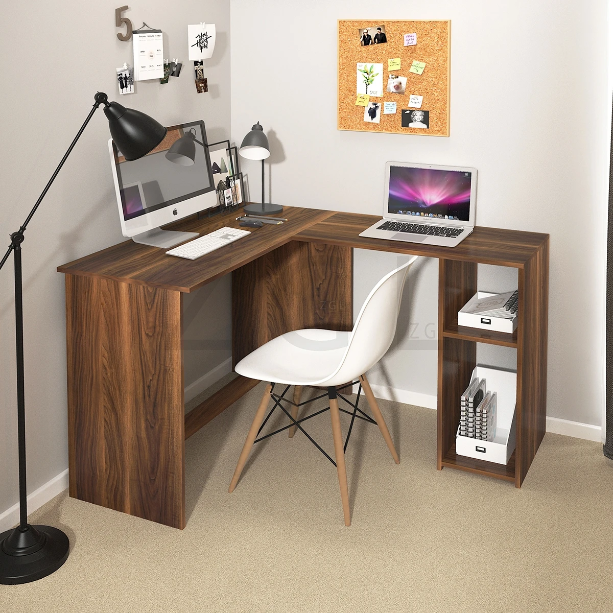 Corner Computer Desk L-Shaped Home Office Workstation Writing Study Table with 2 Storage Shelves and Hutches Brown[US-W]