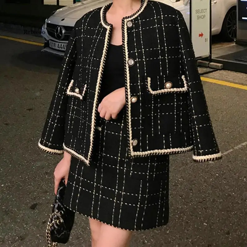 European Style Autumn Winter 2 Piece Set Women Short Woolen Tweed Jacket Coat & Mini Skirt Set Women Two Piece Outfits